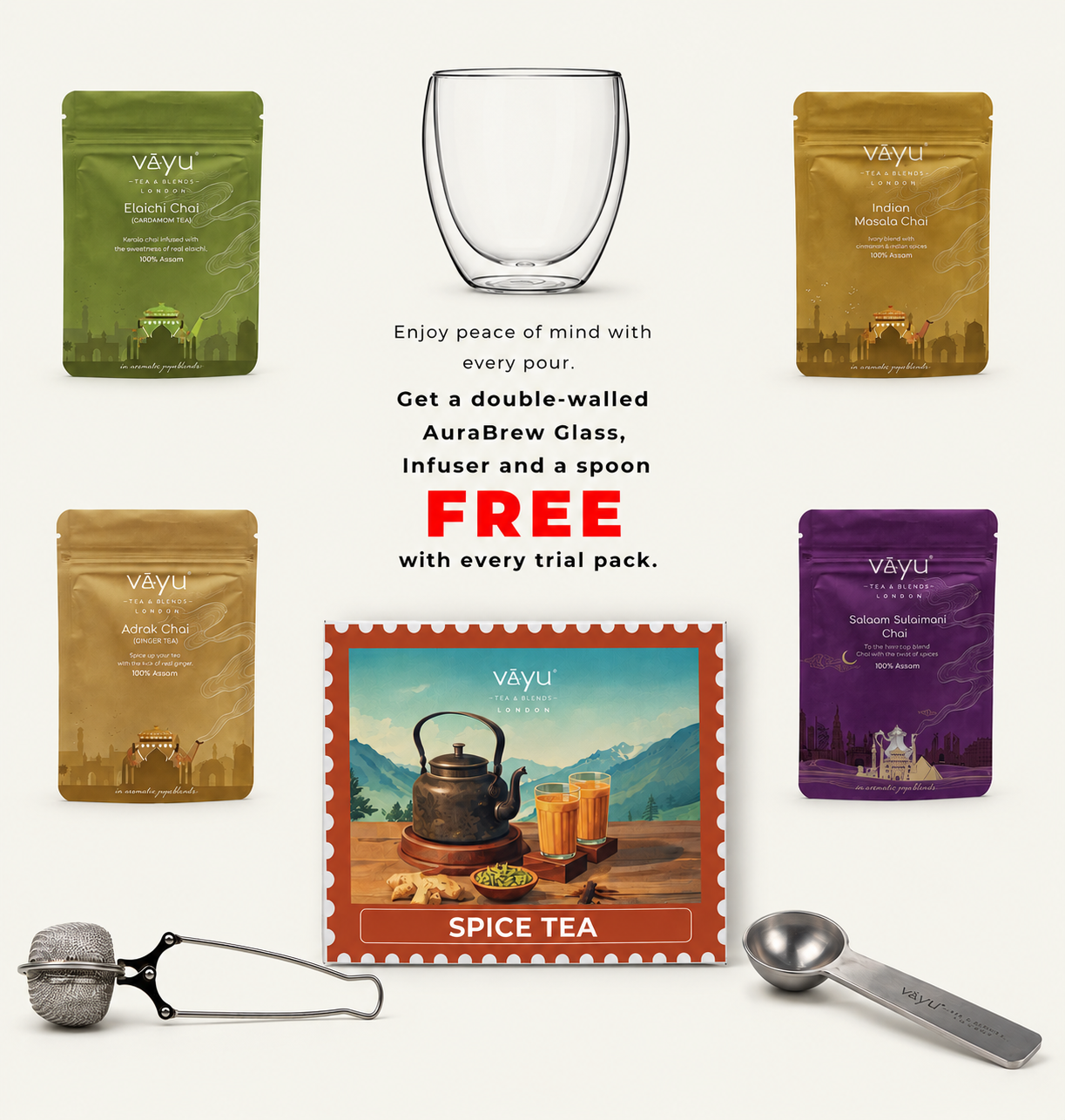 Vayu’s Spice Tea Trial Pack with FREE Glass, Infuser and spoon (Loose Tea)
