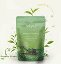 Vayu Jasmine Darjeeling tea package with green leaves and train illustration on a white background