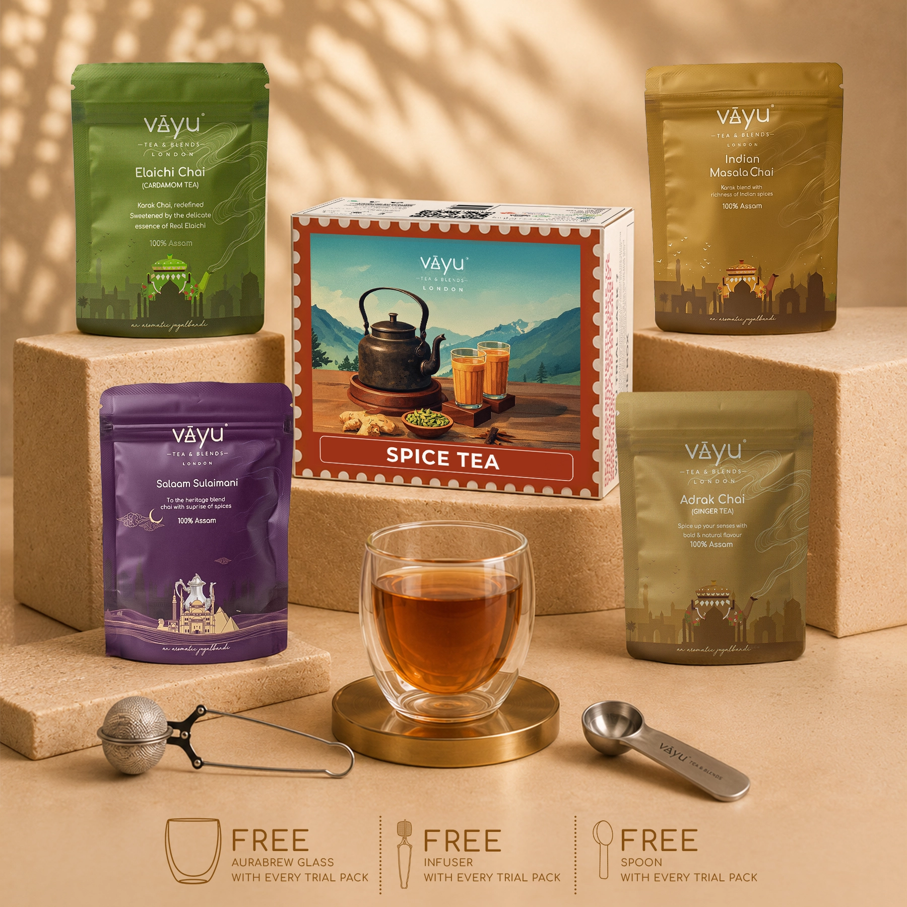 Vayu’s Spice Tea Trial Pack with FREE Glass, Infuser and spoon (Loose Tea)