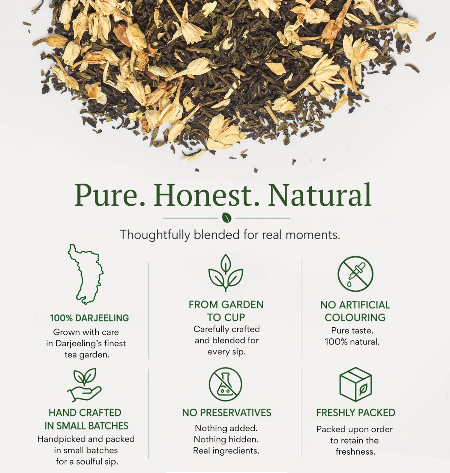 Tea leaves with branding text 'Pure. Honest. Natural' on a white background