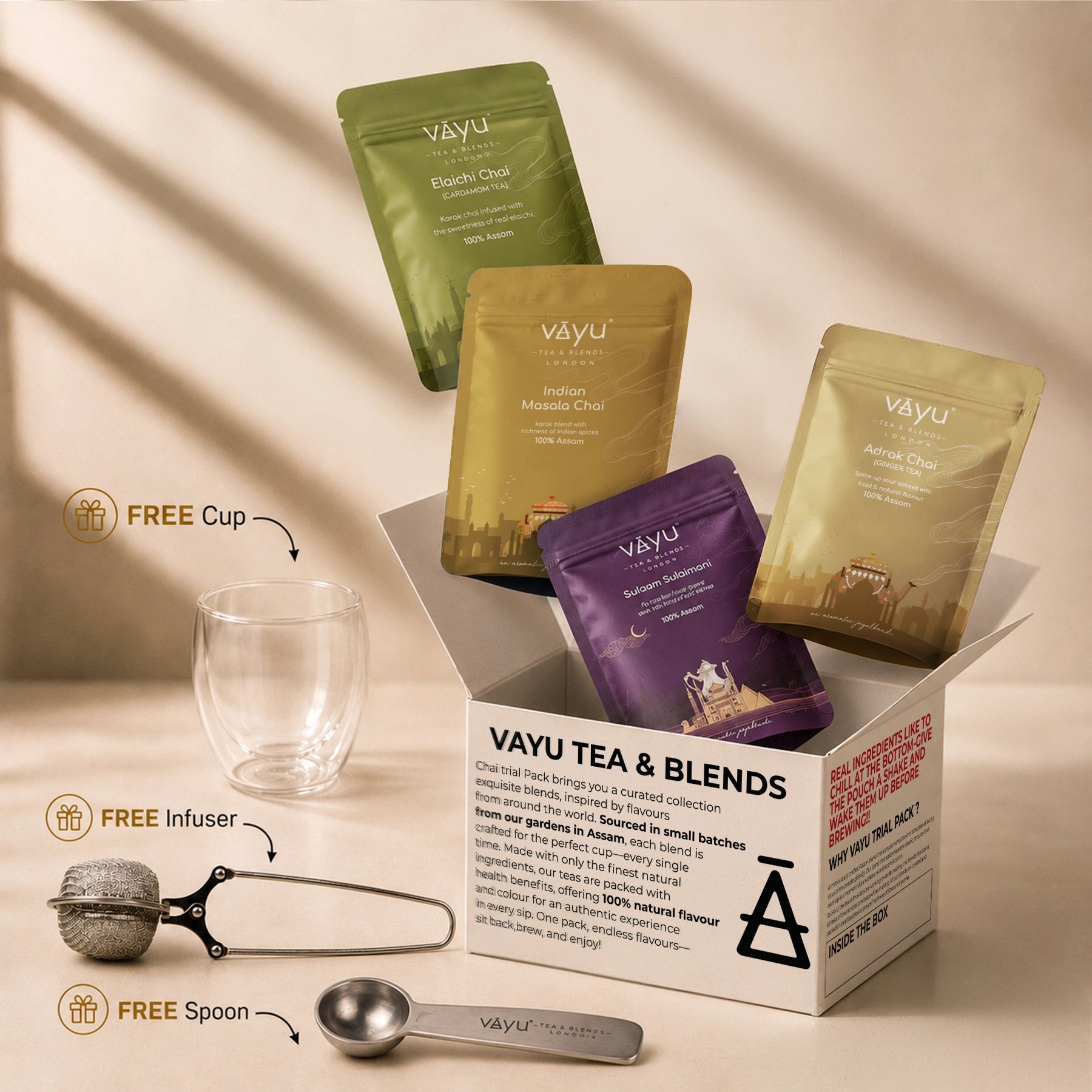Vayu’s Spice Tea Trial Pack with FREE Glass, Infuser and spoon (Loose Tea)