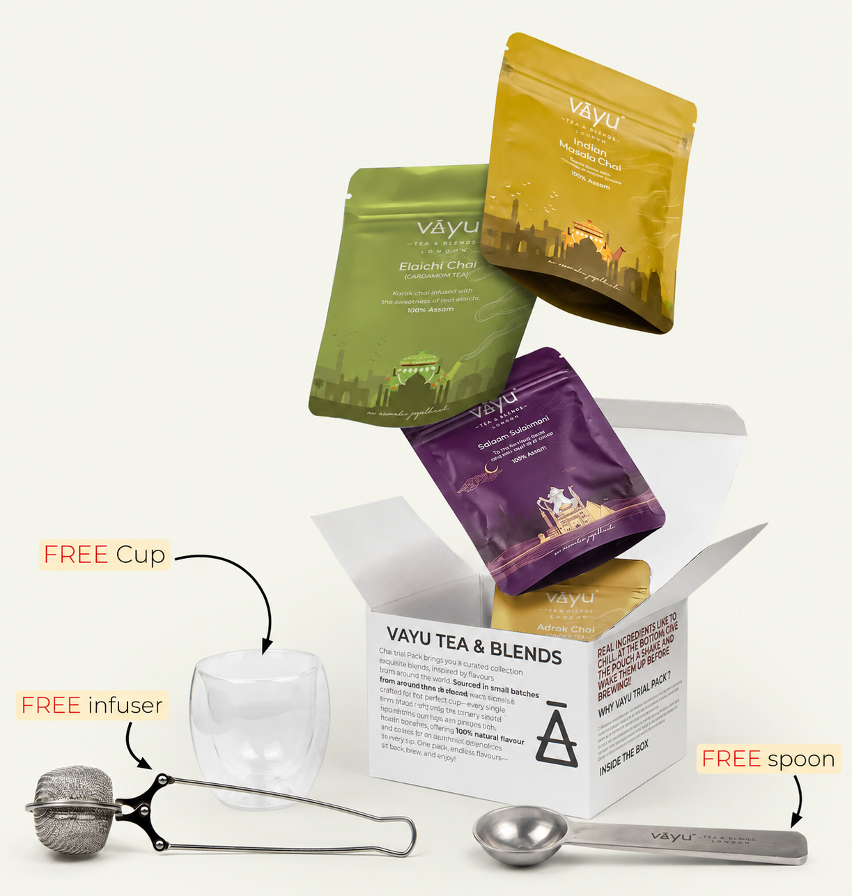 Vayu’s Spice Tea Trial Pack with FREE Glass, Infuser and spoon (Loose Tea)