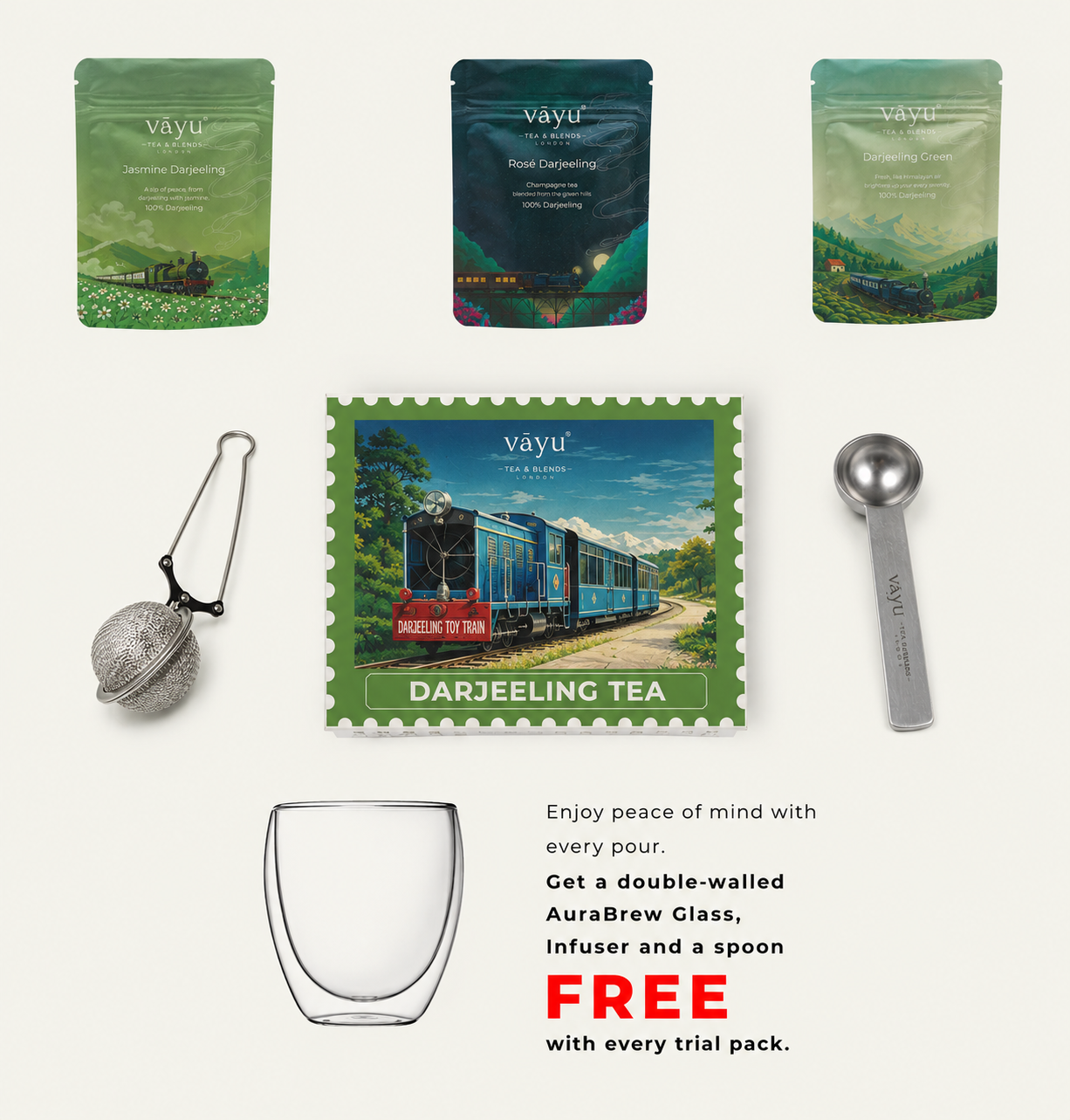 Vayu’s Darjeeling Tea Trial Pack with FREE Glass, Infuser and spoon (Loose Tea)